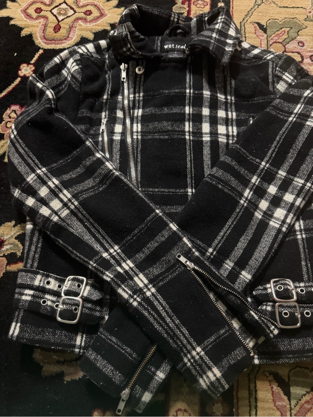 Wet Seal Black & White Plaid Moto Jacket with Buckle Details